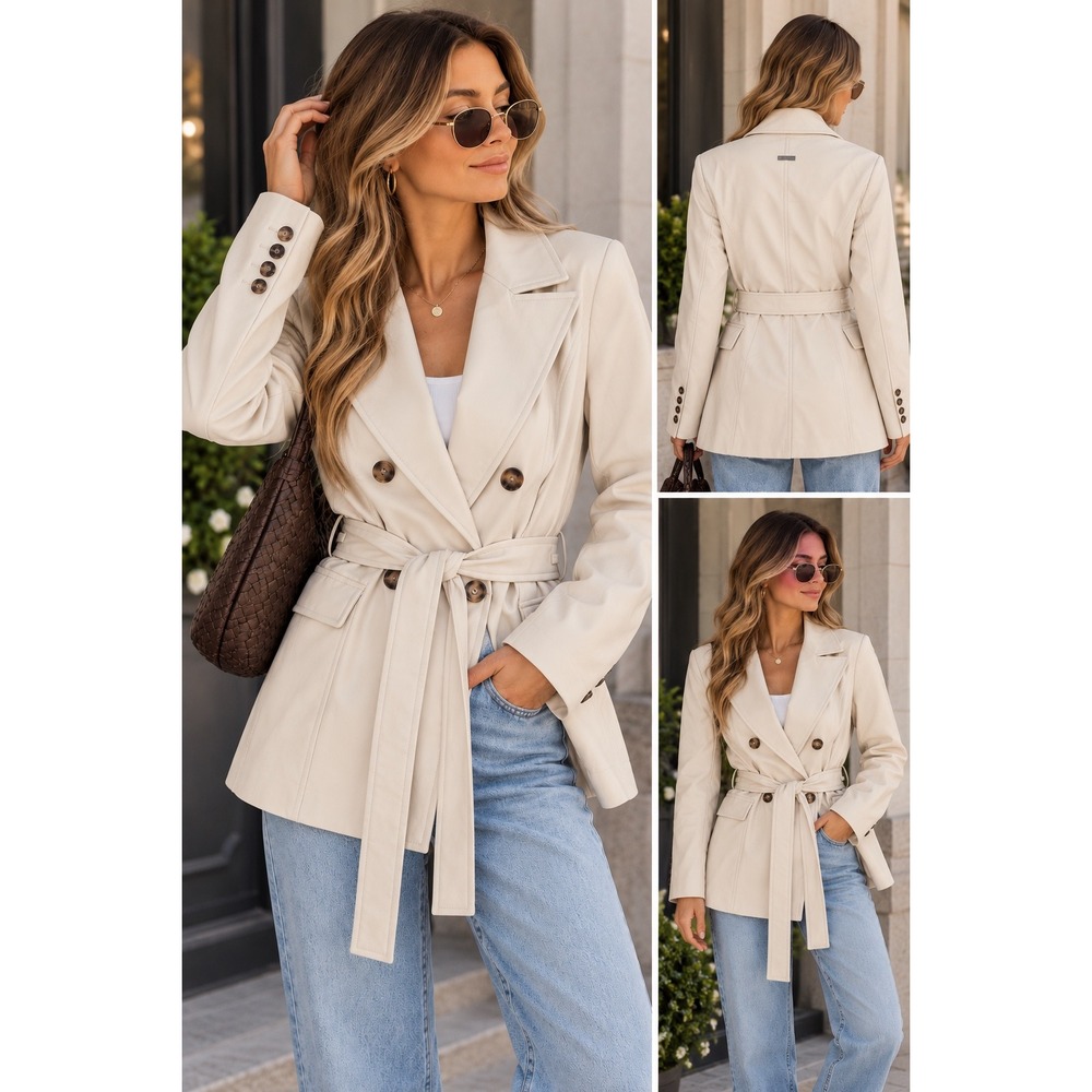 Sanctuary Cream Faux Leather Double Breasted Belted Blazer Jacket Small